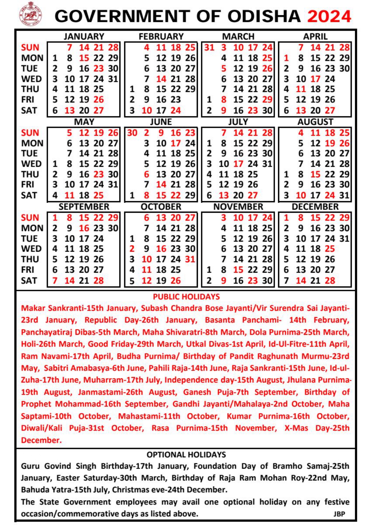 Odisha Govt Calendar 2024 The Sakala